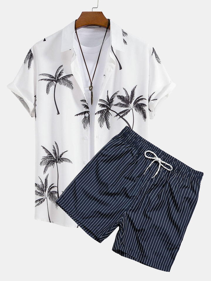 Chemise à boutons imprimée palmiers & Short de bain à rayures