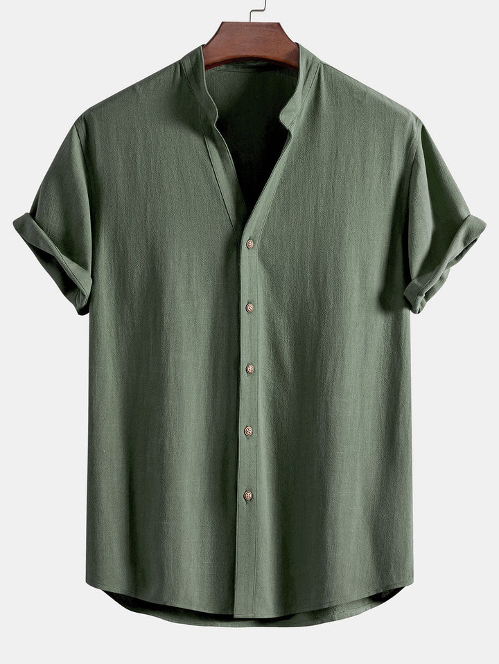 Chemise en mélange de lin et de rayonne à col en V & Pantalon en lin à jambe droite