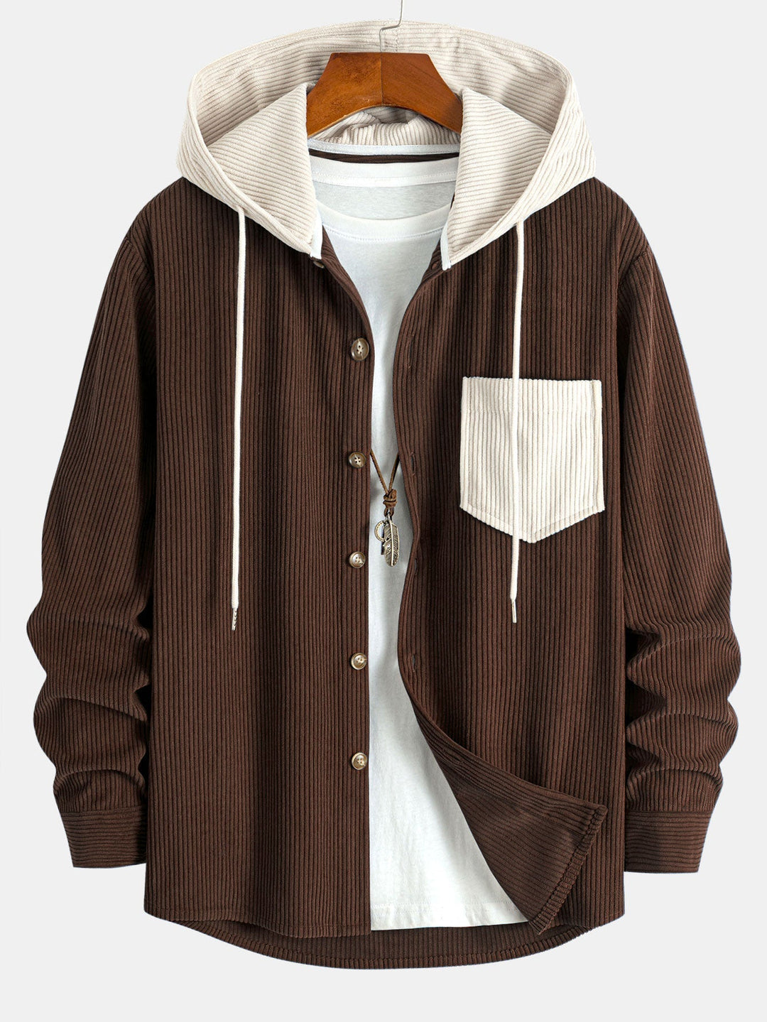Chemise à capuche en velours côtelé contrasté à manches longues
