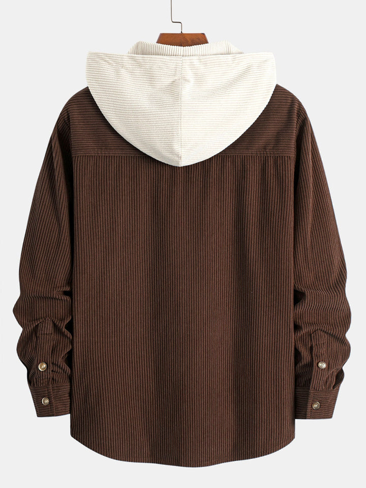 Chemise à capuche en velours côtelé contrasté à manches longues