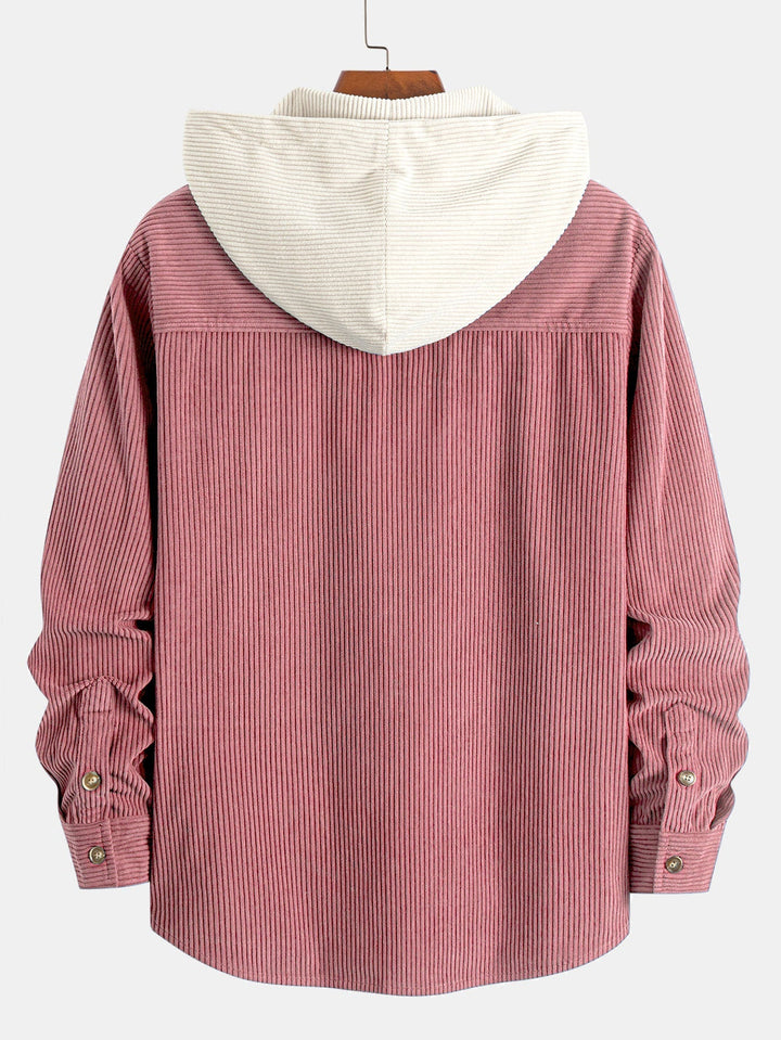 Chemise à capuche en velours côtelé contrasté à manches longues