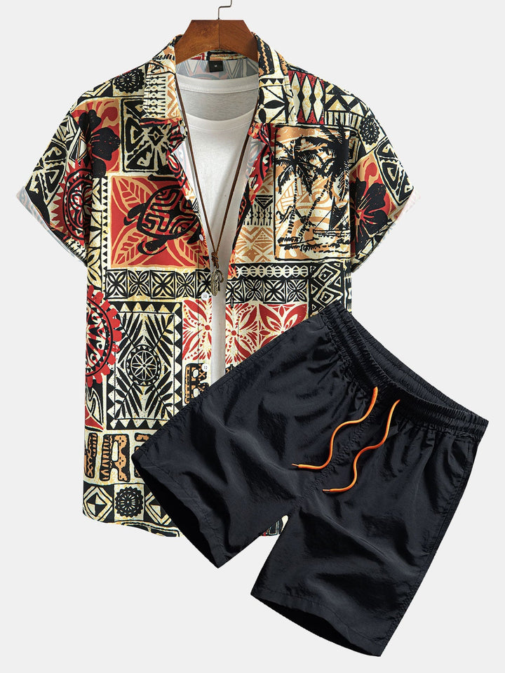 T-shirt Bouton Palmier Tortue Géométrie à imprimer & Shorts de Bain