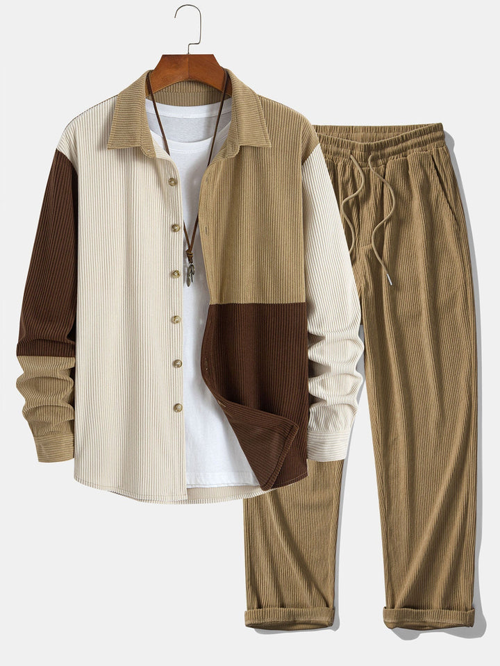 Chemise boutonnée en velours côtelé colorblock et pantalon droit en velours côtelé