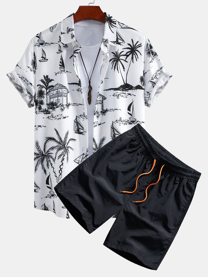 Chemises Boutonnées et Shorts de Bain à Imprimé Île