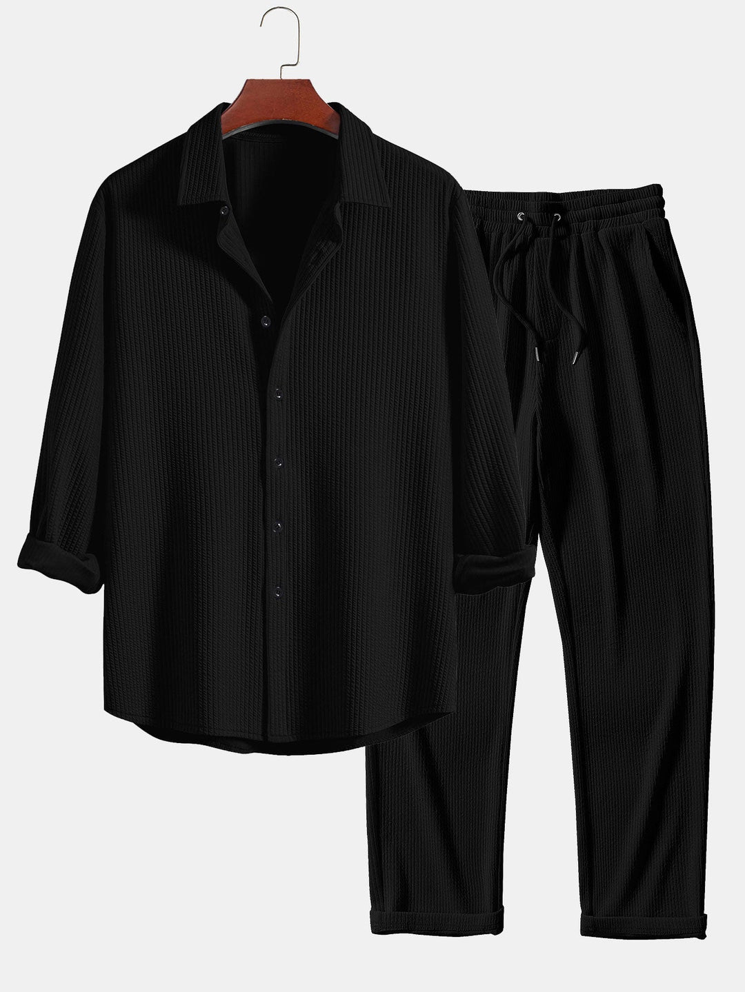 Chemise côtelée à manches longues, ajustée muscle, boutonnée & pantalon côtelé à jambe droite