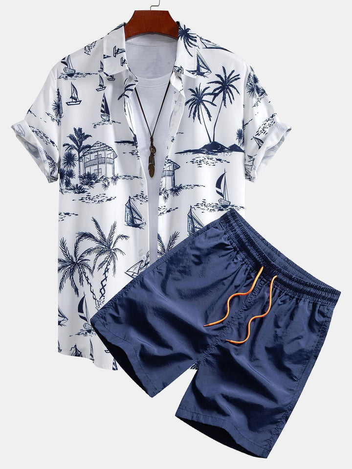 Chemises Boutonnées et Shorts de Bain à Imprimé Île
