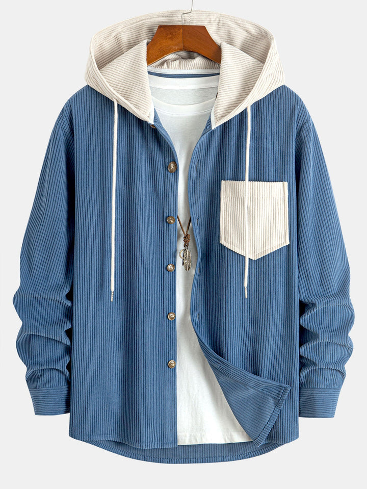 Chemise à capuche en velours côtelé contrasté à manches longues