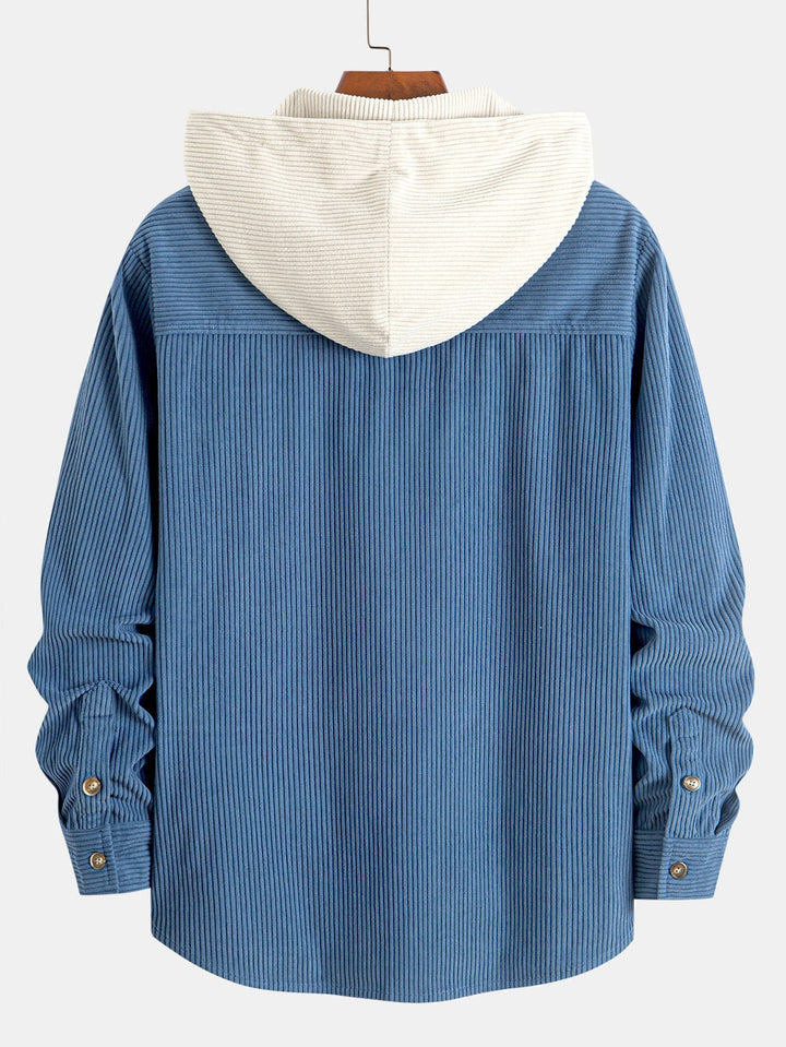 Chemise à capuche en velours côtelé contrasté à manches longues