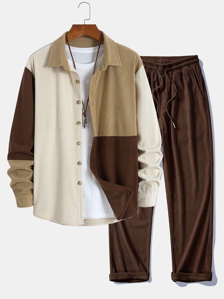 Chemise boutonnée en velours côtelé colorblock et pantalon droit en velours côtelé