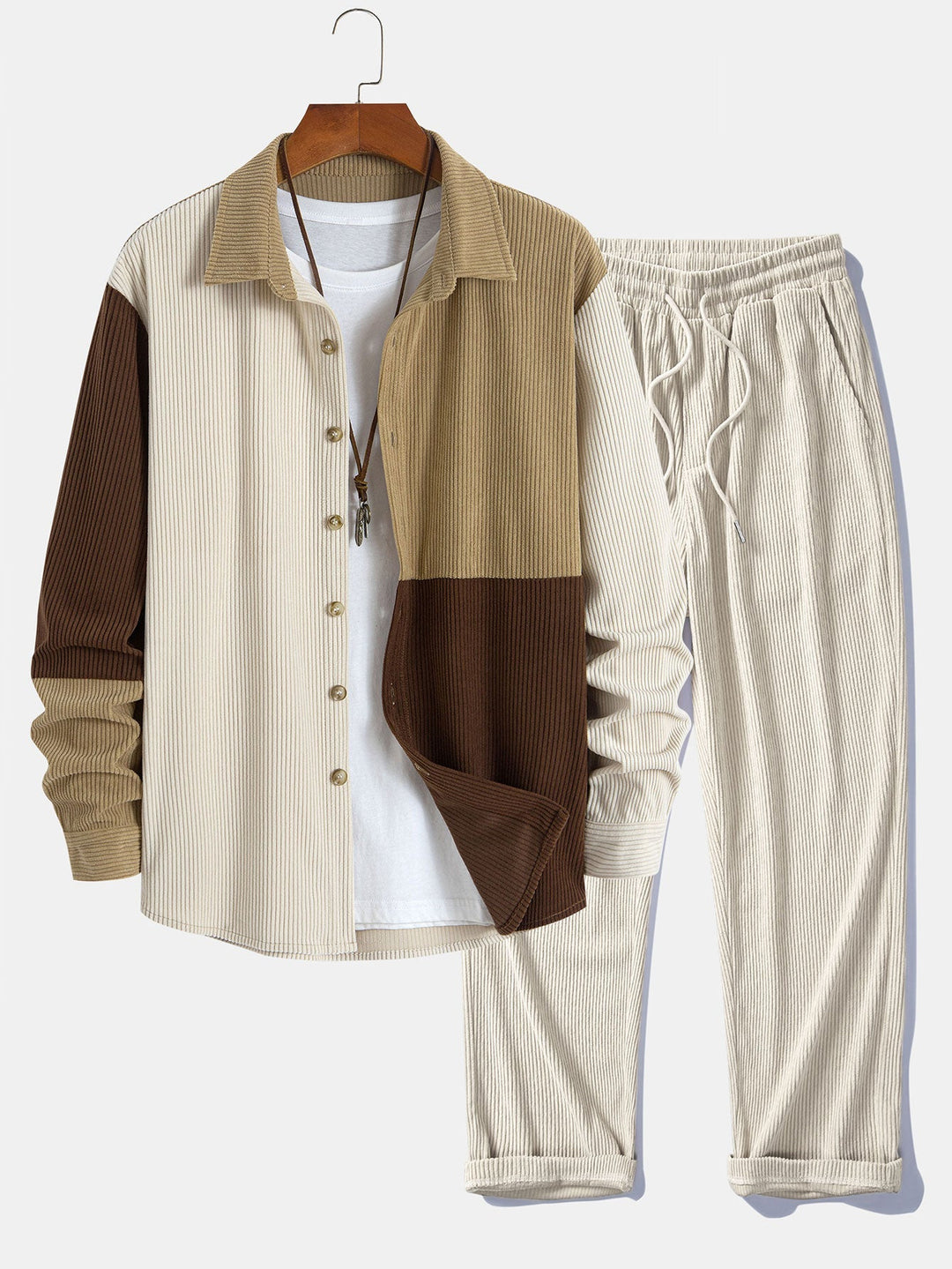 Chemise boutonnée en velours côtelé colorblock et pantalon droit en velours côtelé